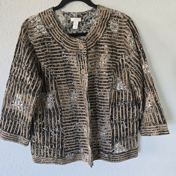 Art To Wear Chicos Jacket Women Sz L JunglePrint Duble Button Cap Sleeve… - Picture 10 of 14